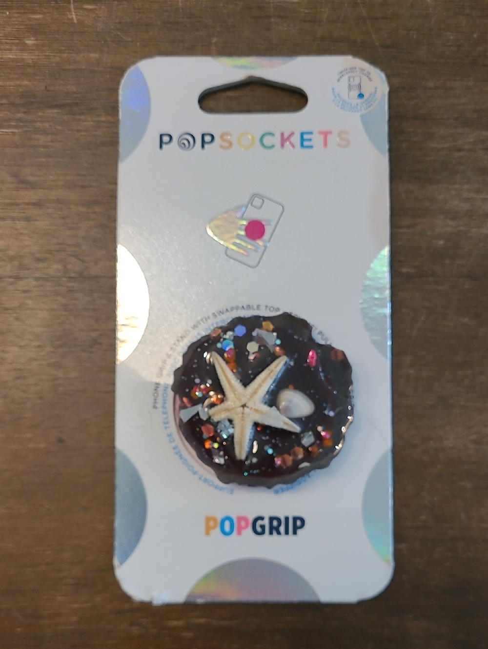 PopSocket PopGrip Kids Accessory - Black Glitter Starfish Design Pink